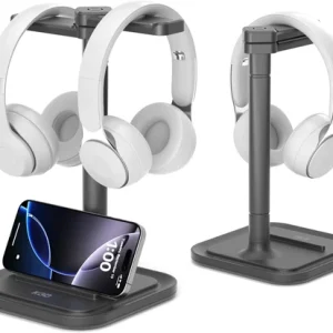 Dual Headphone Stand for Desk - Rotatable Headset Hanger with Phone Holder - Rem